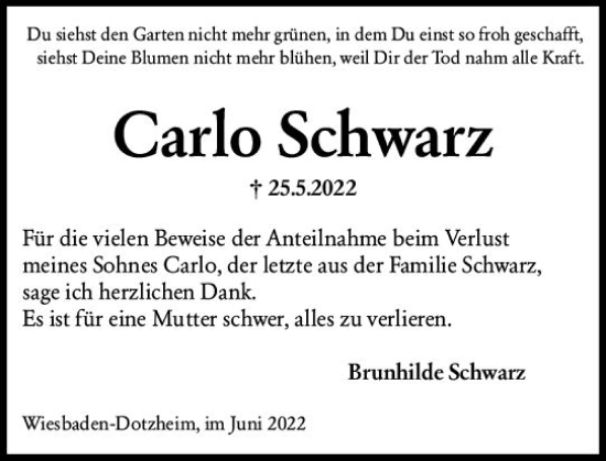 Traueranzeige von Carlo Schwarz von vrm-trauer Wiesbadener Kurier
