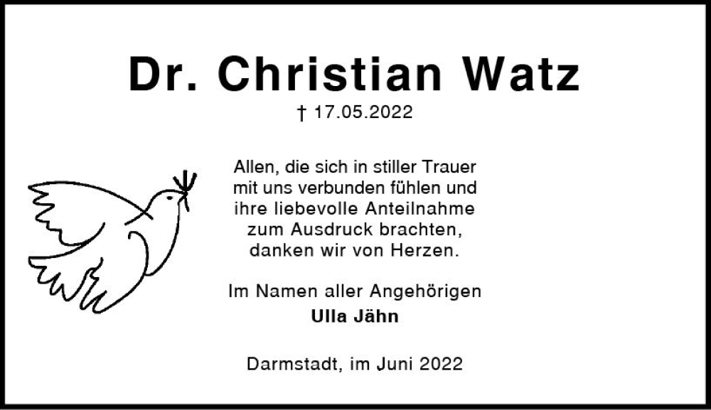  Traueranzeige für Christian Watz vom 25.06.2022 aus vrm-trauer Darmstädter Echo