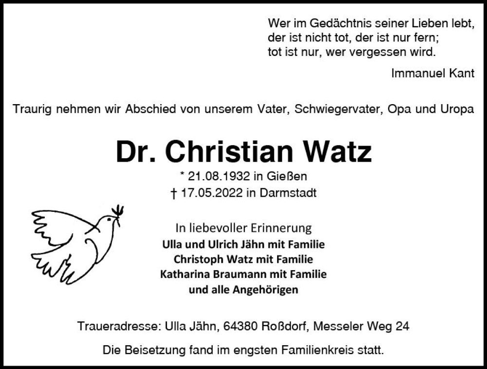  Traueranzeige für Christian Watz vom 04.06.2022 aus vrm-trauer Darmstädter Echo