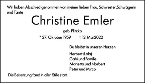 Traueranzeige von Christine Emler von vrm-trauer Darmstädter Echo