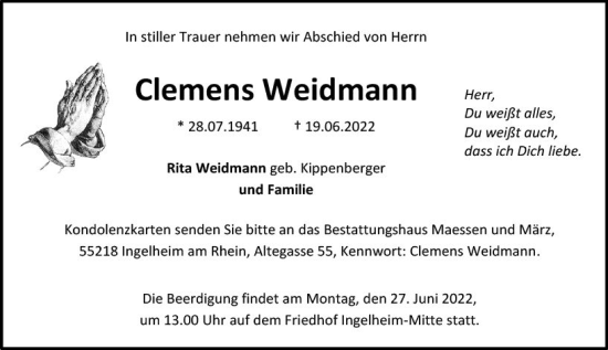 Traueranzeige von Clemens Weidmann von vrm-trauer Allgemeine  Zeitung Ingelheim-Bingen
