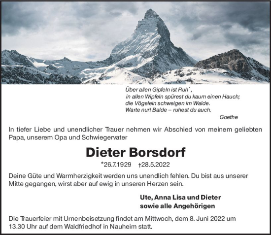 Traueranzeige von Dieter Borsdorf von vrm-trauer Rüsselsheimer Echo / MainSpitze