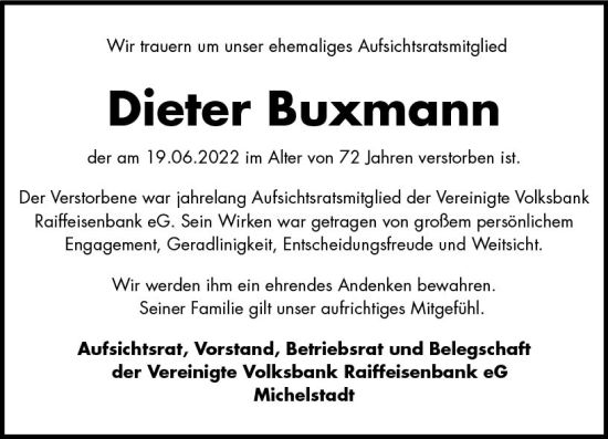 Traueranzeige von Dieter Buxmann von vrm-trauer Darmstädter Echo