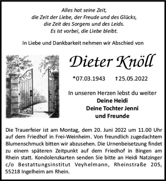 Traueranzeige von Dieter Knöll von vrm-trauer Allgemeine  Zeitung Ingelheim-Bingen