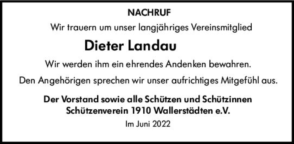  Traueranzeige für Dieter Landau vom 25.06.2022 aus vrm-trauer Groß-Gerauer Echo