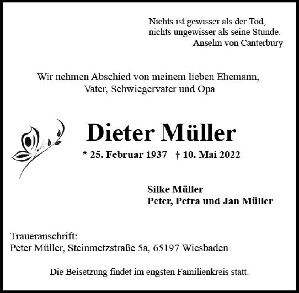  Traueranzeige für Dieter Müller vom 18.06.2022 aus vrm-trauer Wiesbadener Kurier