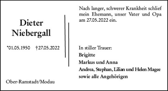 Traueranzeige von Dieter Niebergall von vrm-trauer Darmstädter Echo