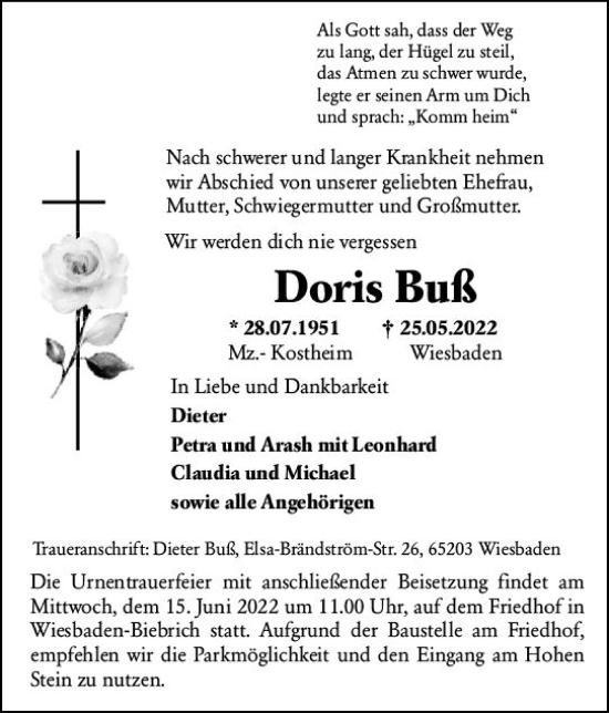 Traueranzeige von Doris Buß von vrm-trauer Wiesbadener Kurier