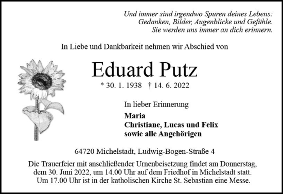 Traueranzeige von Eduard Putz von vrm-trauer Odenwälder Echo