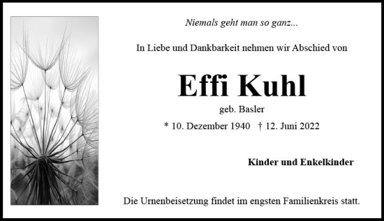 Traueranzeige von Effi Kuhl von vrm-trauer AZ Mainz
