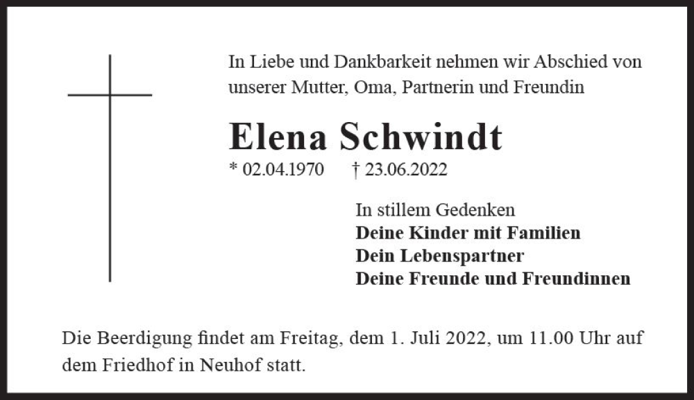  Traueranzeige für Elena Schwindt vom 29.06.2022 aus vrm-trauer Wiesbadener Kurier