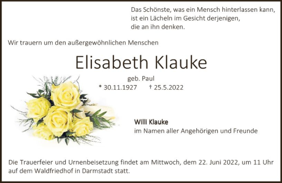 Traueranzeige von Elisabeth Klauke von vrm-trauer Darmstädter Echo