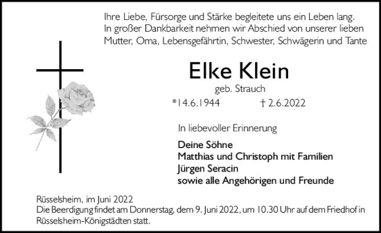 Traueranzeige von Elke Klein von vrm-trauer Rüsselsheimer Echo / MainSpitze