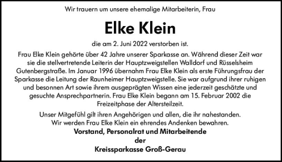 Traueranzeige von Elke Klein von vrm-trauer Rüsselsheimer Echo / MainSpitze