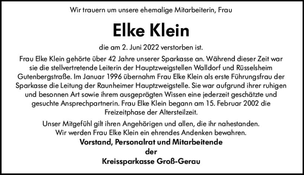  Traueranzeige für Elke Klein vom 13.06.2022 aus vrm-trauer Rüsselsheimer Echo / MainSpitze
