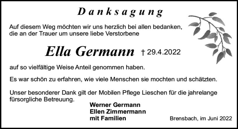  Traueranzeige für Ella Germann vom 04.06.2022 aus vrm-trauer Odenwälder Echo