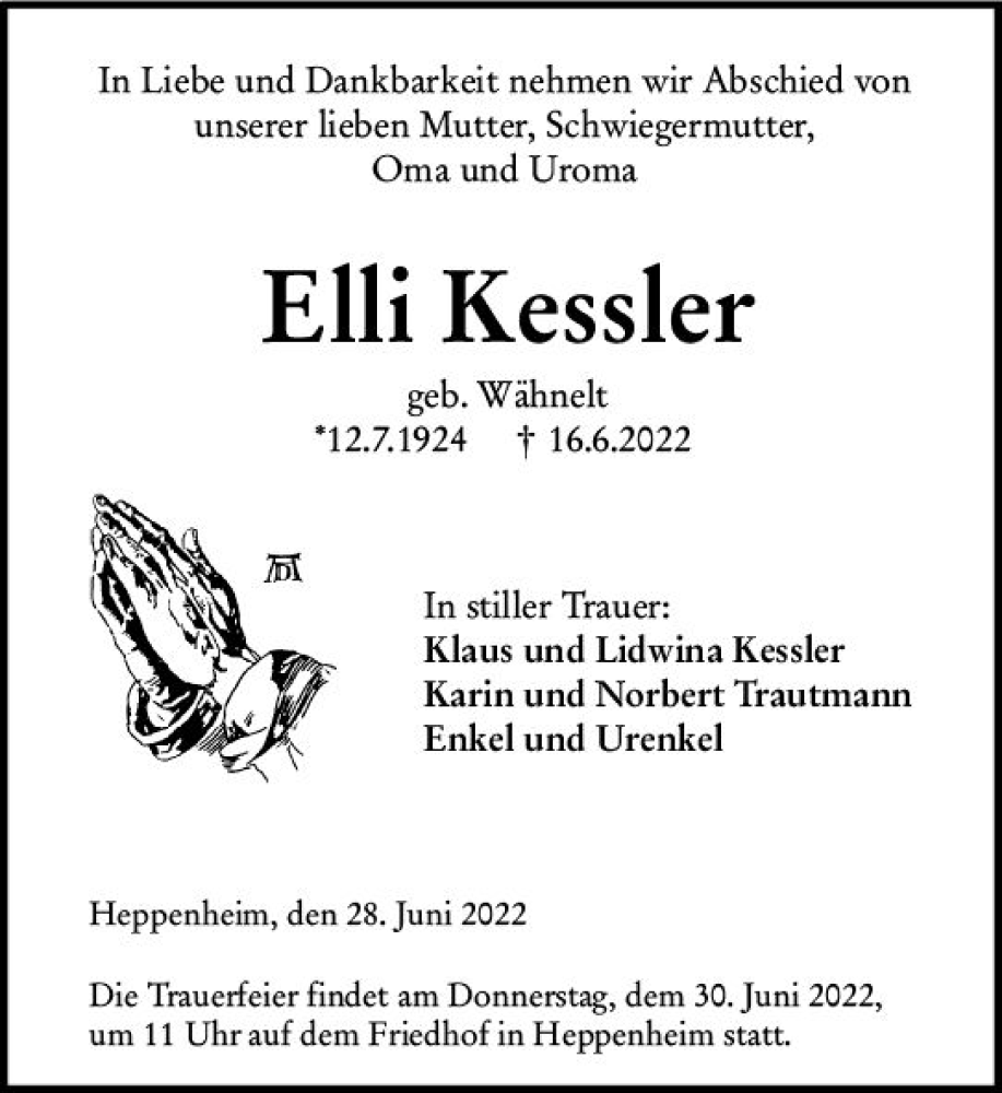  Traueranzeige für Elli Kessler vom 28.06.2022 aus vrm-trauer Bürstädter/Lamperth. Ztg/Starkenburger