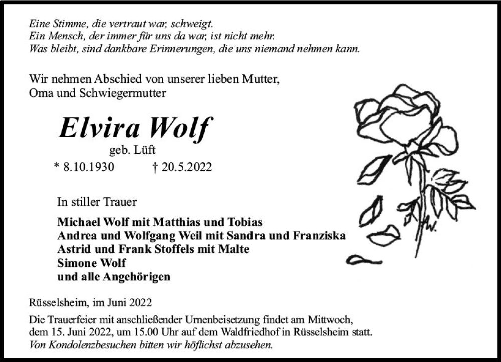  Traueranzeige für Elvira Wolf vom 04.06.2022 aus vrm-trauer Rüsselsheimer Echo / MainSpitze