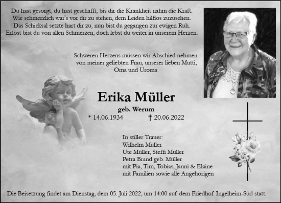 Traueranzeige von Erika Müller von vrm-trauer Allgemeine  Zeitung Ingelheim-Bingen