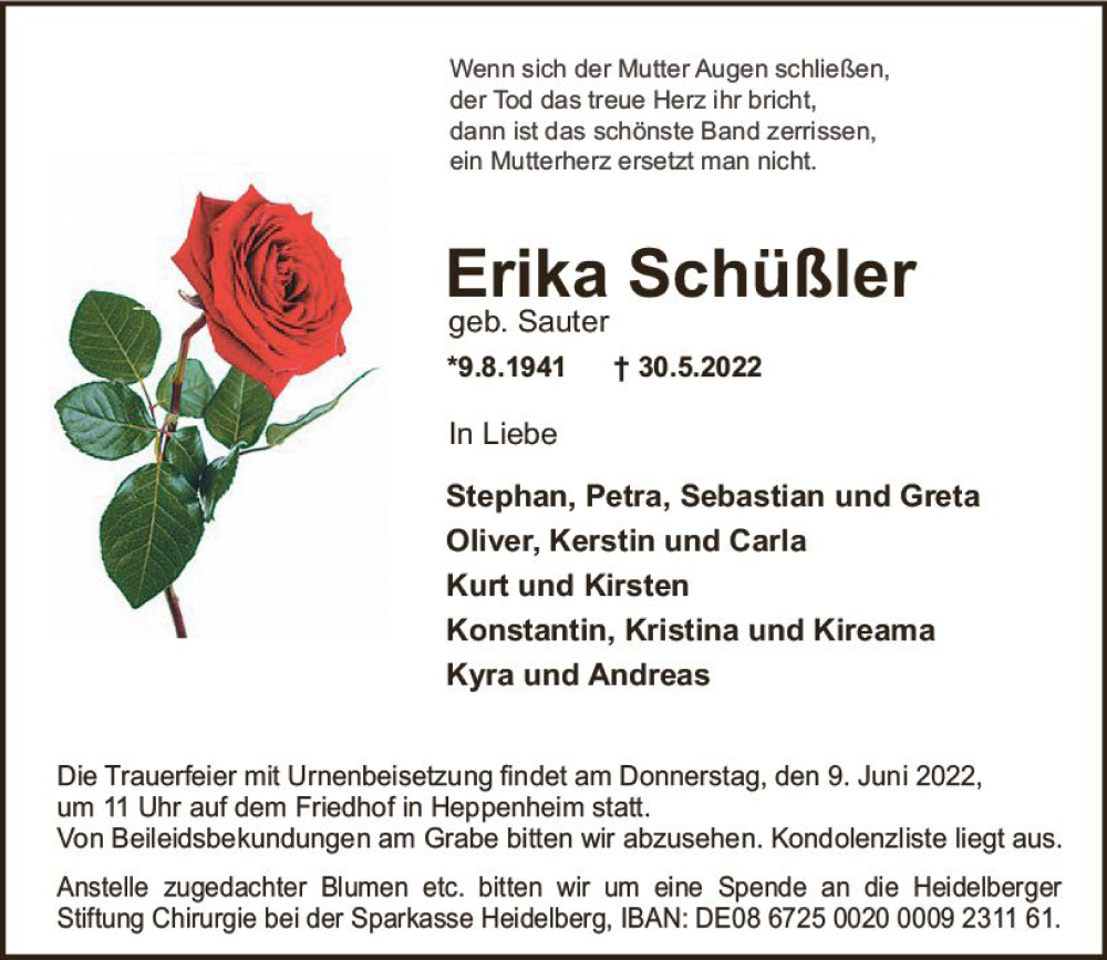  Traueranzeige für Erika Schüßler vom 04.06.2022 aus vrm-trauer Bürstädter/Lamperth. Ztg/Starkenburger