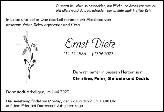 Traueranzeige von Ernst Dietz von vrm-trauer Darmstädter Echo