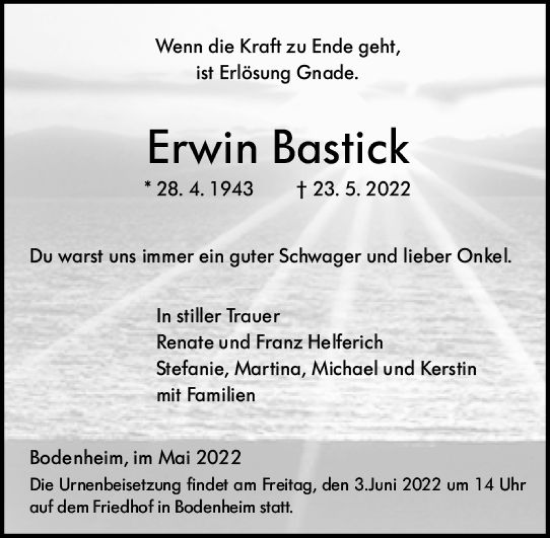 Traueranzeige von Erwin Bastick von vrm-trauer AZ Mainz