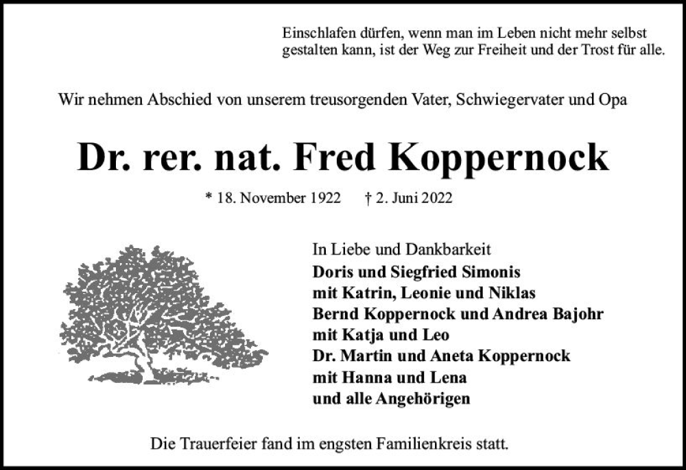  Traueranzeige für Fred Koppernock vom 18.06.2022 aus vrm-trauer Darmstädter Echo