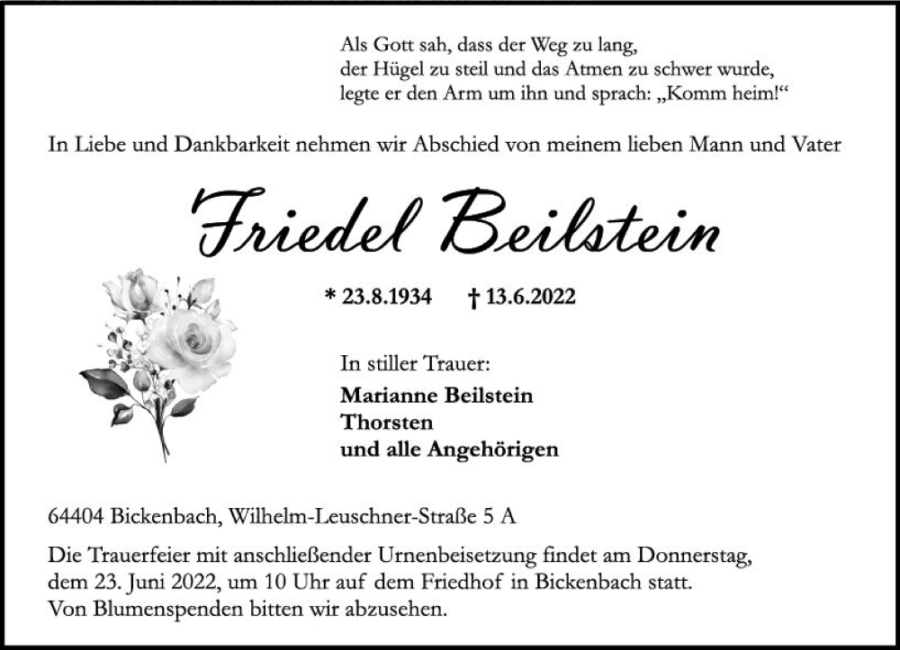  Traueranzeige für Friedel Beilstein vom 18.06.2022 aus vrm-trauer Darmstädter Echo