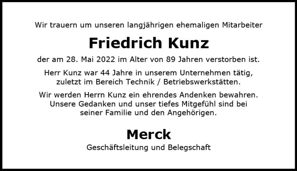  Traueranzeige für Friedrich Kunz vom 08.06.2022 aus vrm-trauer Darmstädter Echo