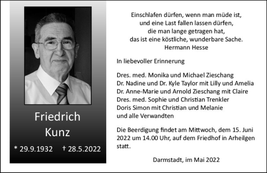 Traueranzeige von Friedrich Kunz von vrm-trauer Darmstädter Echo