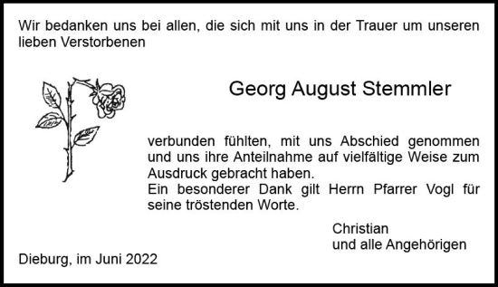 Traueranzeige von Georg August Stemmler von vrm-trauer DieburgerAnzeiger/Groß-Zimmerner Lokala