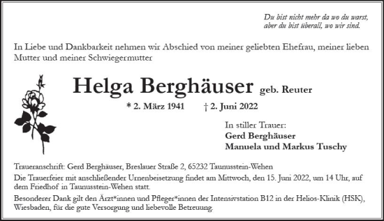 Traueranzeige von Helga Berghäuser von vrm-trauer Wiesbadener Kurier