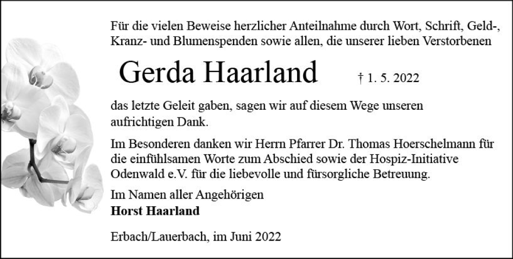  Traueranzeige für Gerda Haarland vom 04.06.2022 aus vrm-trauer Odenwälder Echo