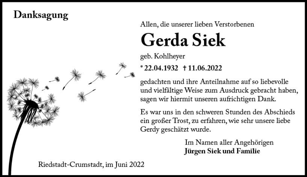 Traueranzeige für Gerda Siek vom 29.06.2022 aus vrm-trauer Groß-Gerauer Echo
