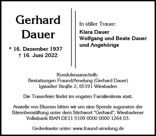 Traueranzeige von Gerhard Dauer von vrm-trauer Wiesbadener Kurier