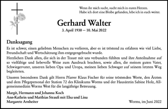 Traueranzeige von Gerhard Walter von vrm-trauer Wormser Zeitung