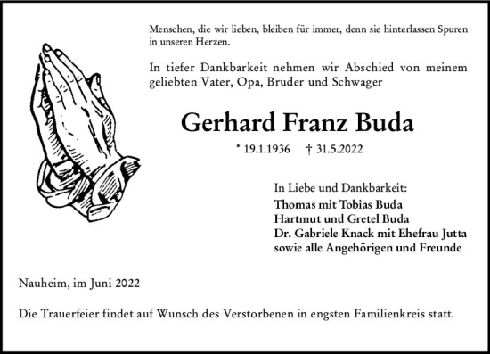 Traueranzeige von Gerhard Franz Buda von vrm-trauer Rüsselsheimer Echo / MainSpitze