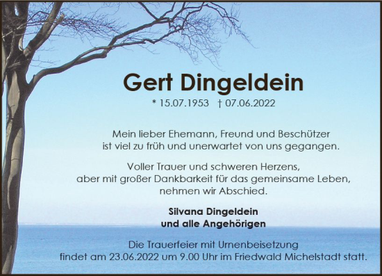 Traueranzeige von Gert Dingeldein von vrm-trauer Odenwälder Echo