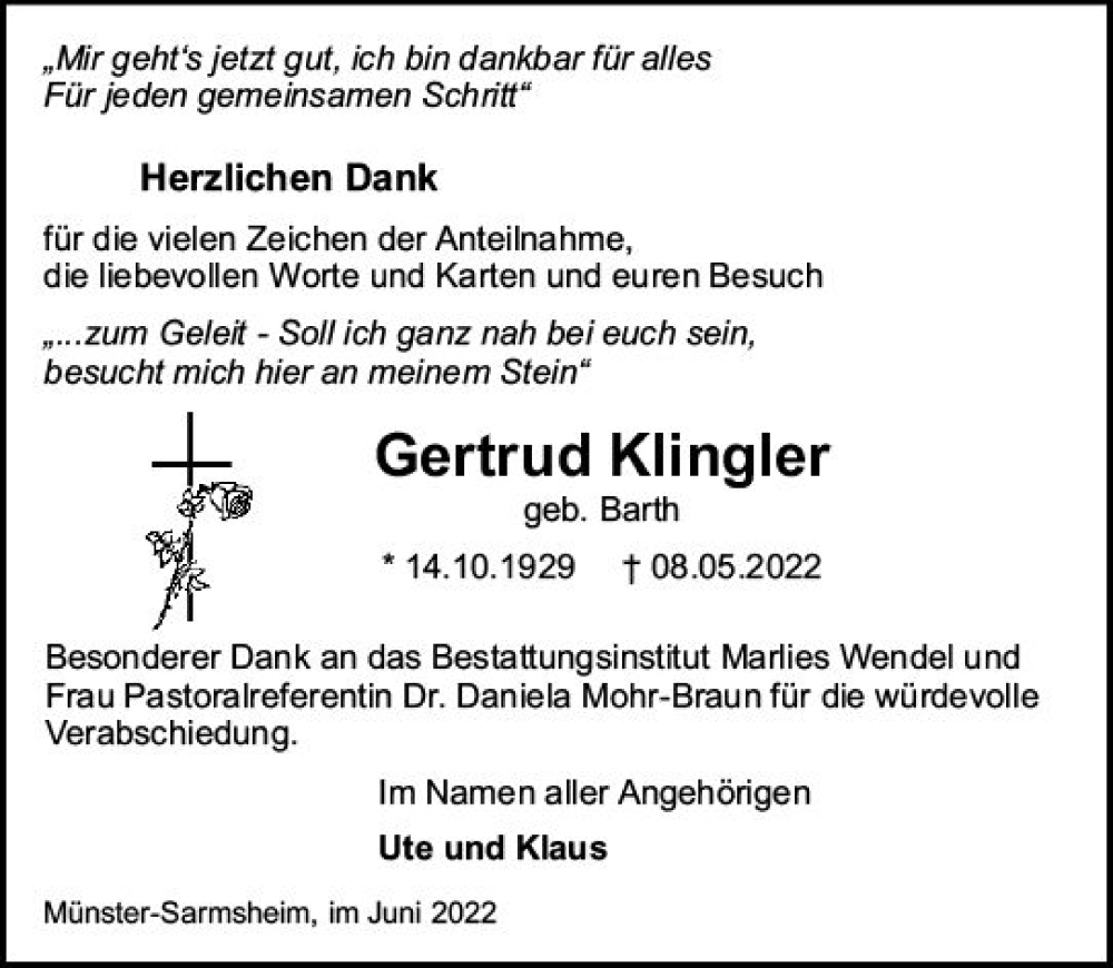  Traueranzeige für Gertrud Klingler vom 18.06.2022 aus vrm-trauer Allgemeine  Zeitung Ingelheim-Bingen