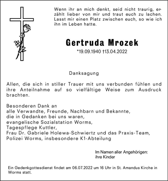 Traueranzeige von Gertruda Mrozek von vrm-trauer Wormser Zeitung