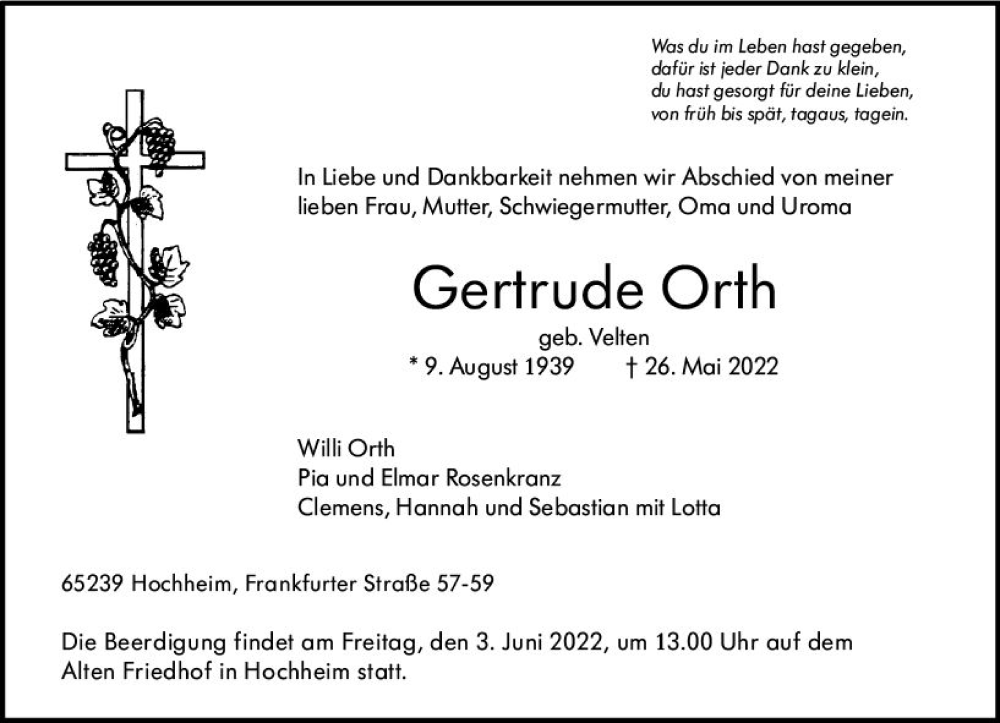  Traueranzeige für Gertrude Orth vom 03.06.2022 aus vrm-trauer Hochheimer Zeitung