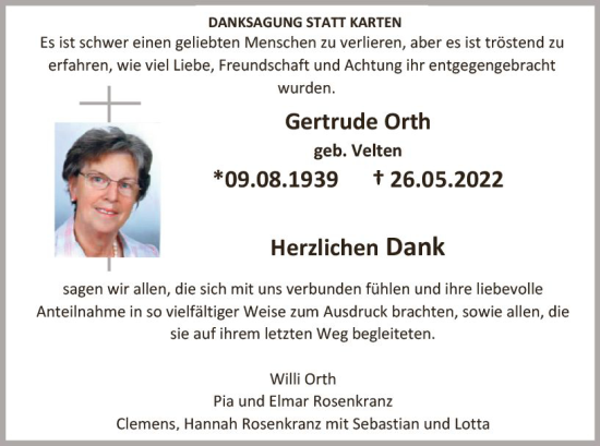 Traueranzeige von Gertrude Orth von vrm-trauer Wiesbadener Kurier