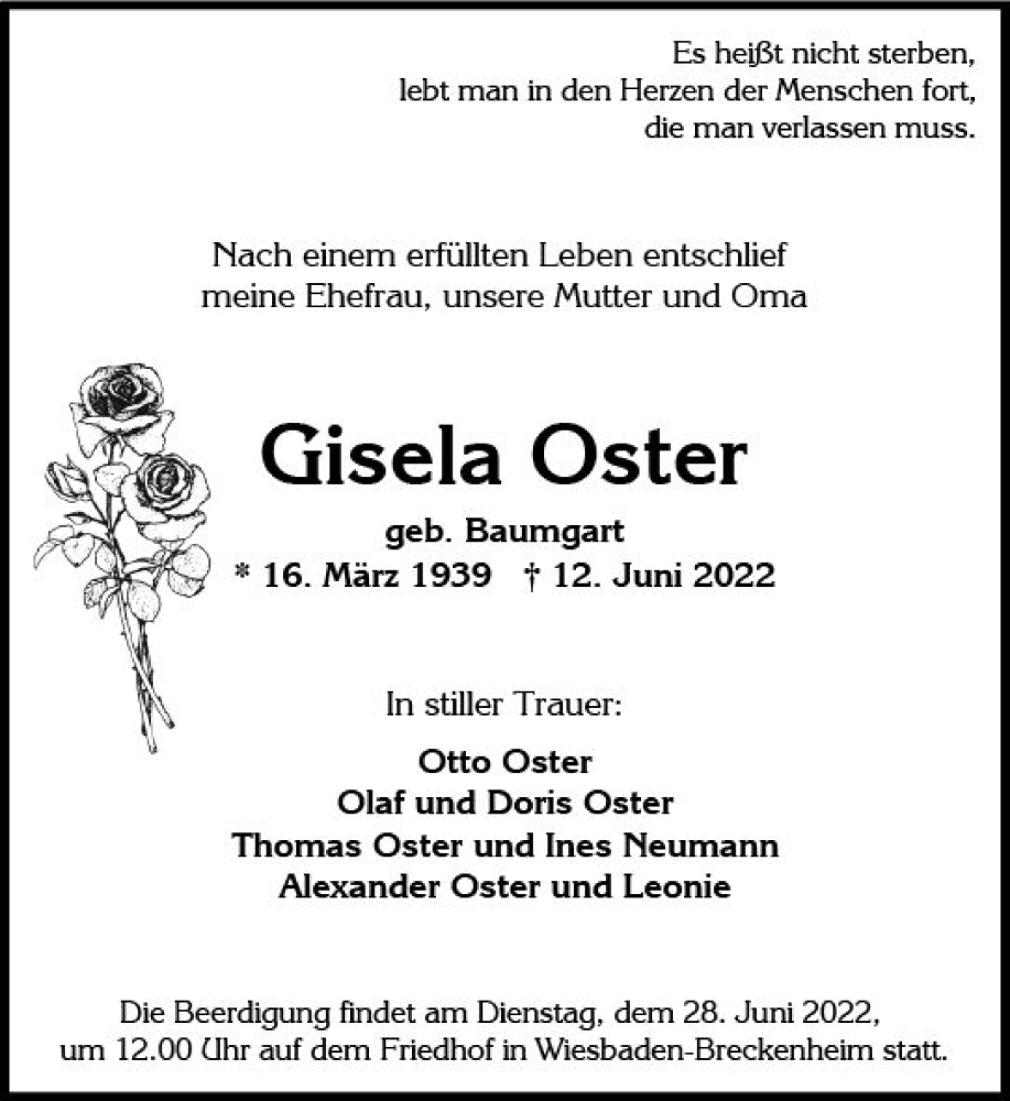  Traueranzeige für Gisela Oster vom 25.06.2022 aus vrm-trauer Wiesbadener Kurier