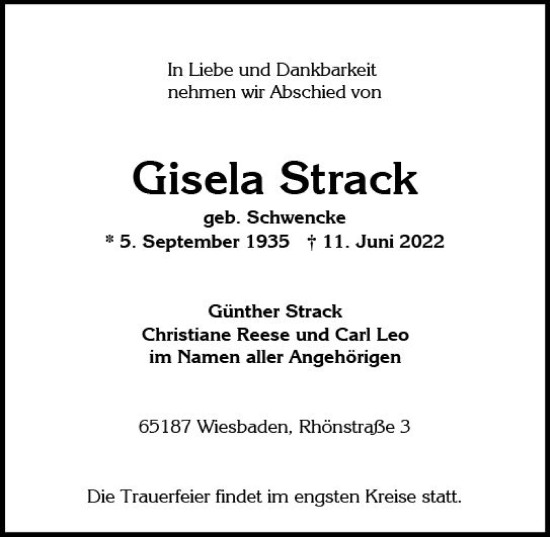 Traueranzeige von Gisela Strack von vrm-trauer Wiesbadener Kurier