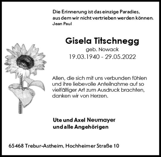 Traueranzeige von Gisela Titschnegg von vrm-trauer Rüsselsheimer Echo / MainSpitze