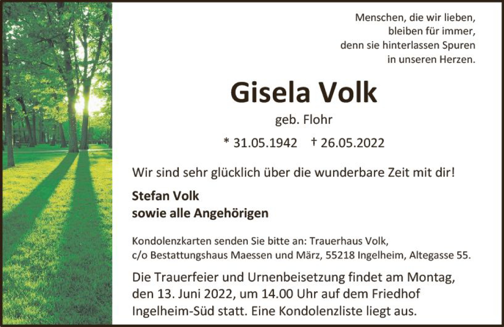  Traueranzeige für Gisela Volk vom 04.06.2022 aus vrm-trauer Allgemeine  Zeitung Ingelheim-Bingen