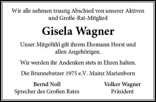 Traueranzeige von Gisela Wagner von vrm-trauer AZ Mainz