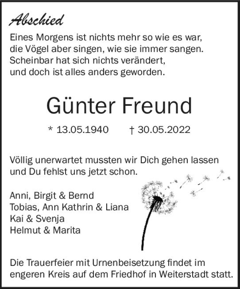  Traueranzeige für Günter Freund vom 11.06.2022 aus vrm-trauer Darmstädter Echo