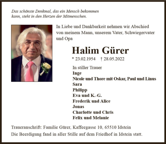 Traueranzeige von Halim Gürer von vrm-trauer Idsteiner Zeitung