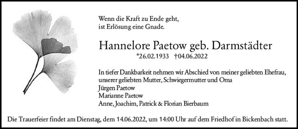  Traueranzeige für Hannelore Paetow vom 11.06.2022 aus vrm-trauer Darmstädter Echo
